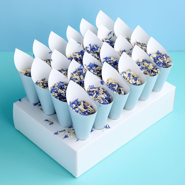 24 Blue Confetti Cones With Stand